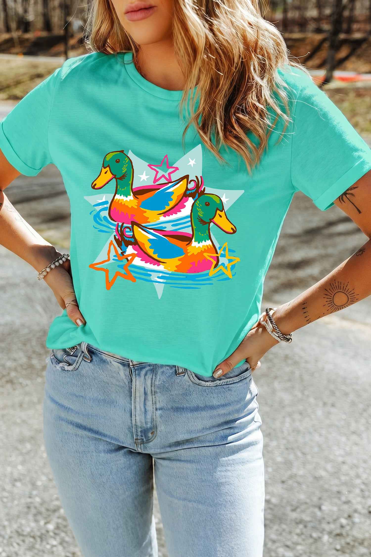 Mint Green Western Duck Graphic Casual Summer T Shirt