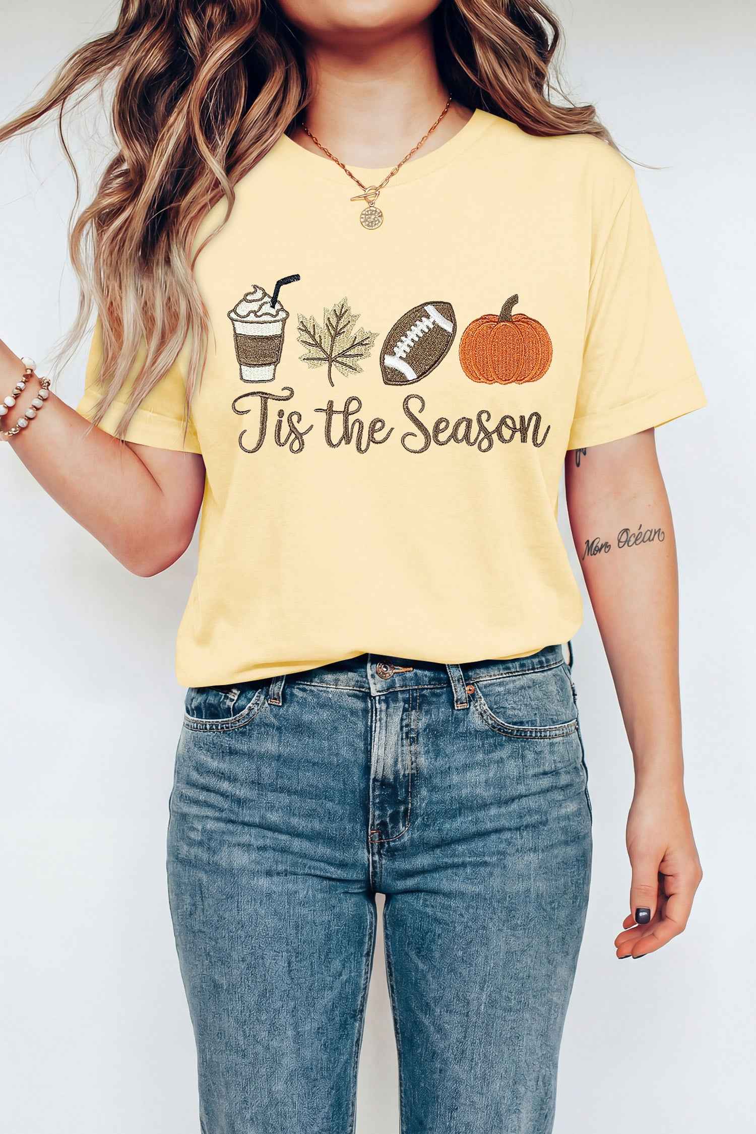 Yellow Cream Tis the Season Embroidered Fall Icons Casual Round Neck Tee