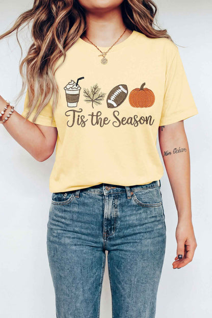 Yellow Cream Tis the Season Embroidered Fall Icons Casual Round Neck Tee