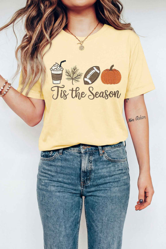 Yellow Cream Tis the Season Embroidered Fall Icons Casual Round Neck Tee