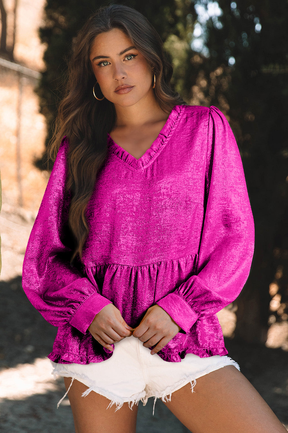 Dearlovers Gold Metallic Frilled V Neck Puff Sleeve Babydoll Blouse