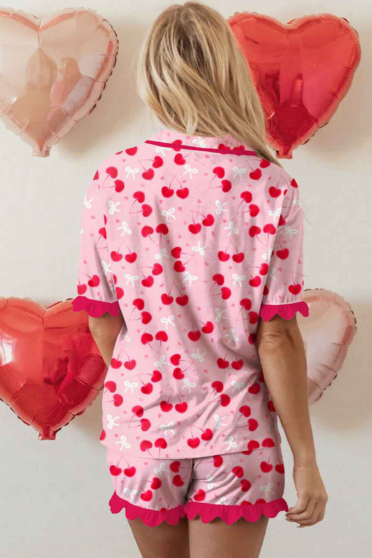 Rose Cherry Bow Mixed Print Scalloped Edge Short Pajama Set