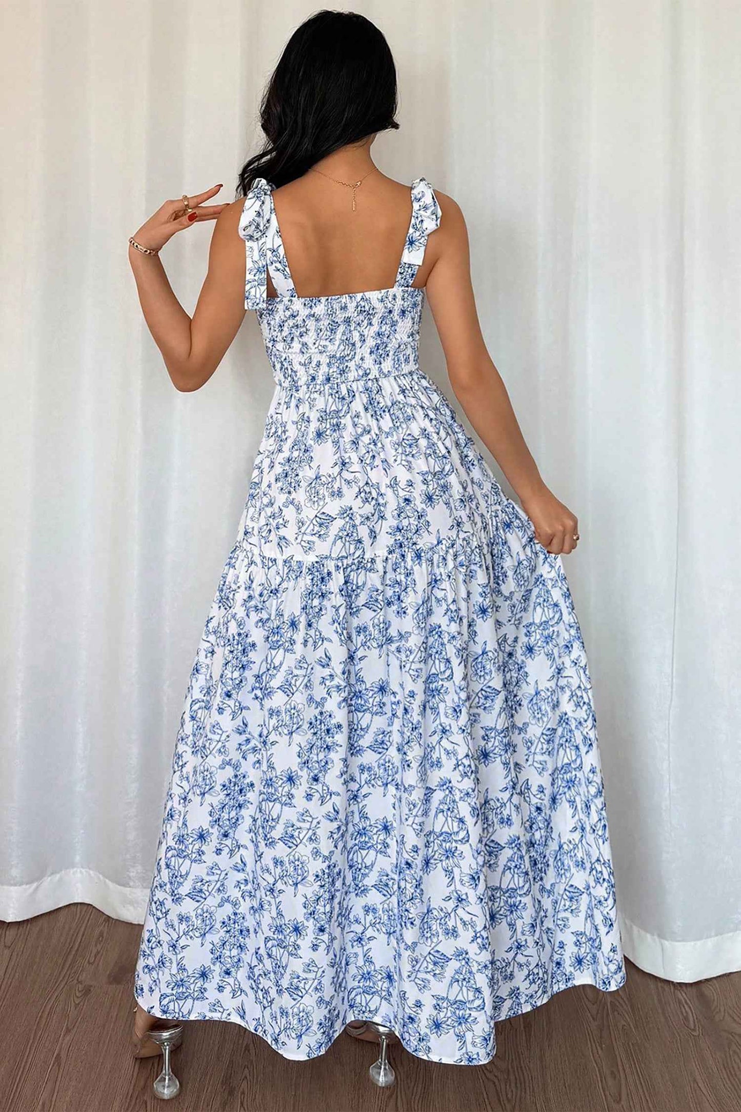 Sky Blue Floral Print Knot Straps High Waist Flared Maxi Dress