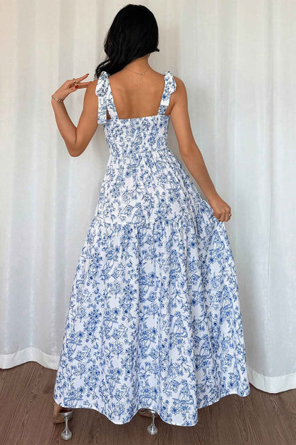 Sky Blue Floral Print Knot Straps High Waist Flared Maxi Dress