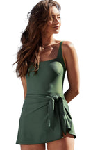 Mist Green Side Tied Adjustable Straps A Line One Piece Swim Dress