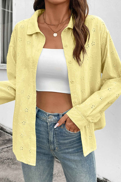 Yellow Cream Solid Eyelet Flower Pattern Button Down Loose Shirt