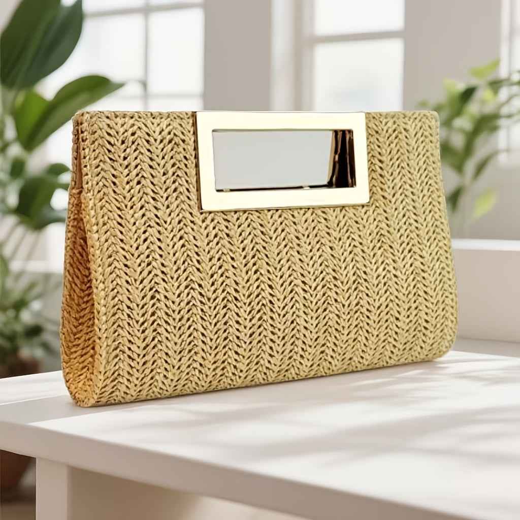 Elegant Striped Woven Clutch Metal Handle Chain Strap