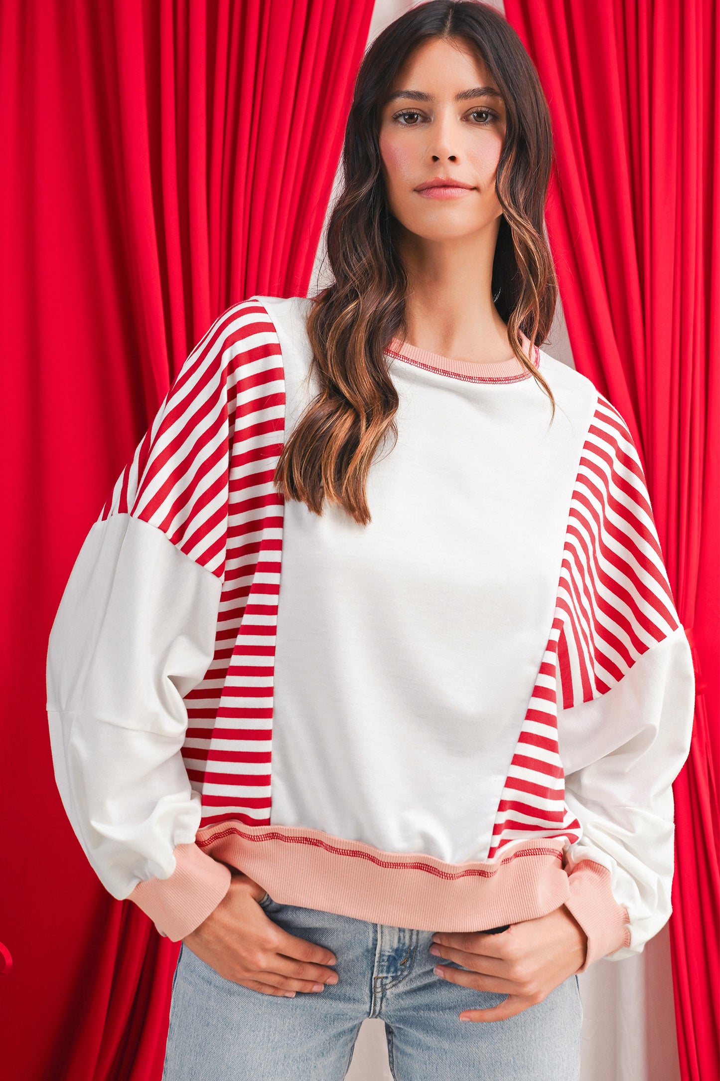 White Striped Colorblock Patchwork Oversized Sweatshirt