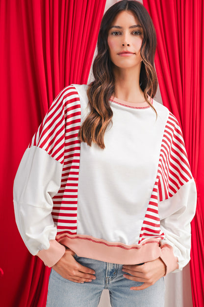 White Striped Colorblock Patchwork Oversized Sweatshirt