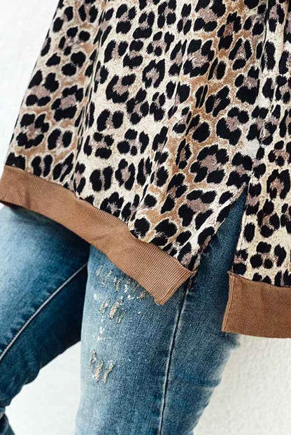 Khaki Leopard Contrast Trim Short Sleeve Loose Plus Size Top