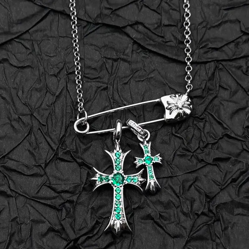 925 silver plated white gold rhinestone pin double cross pendant necklace for men and women european and american style