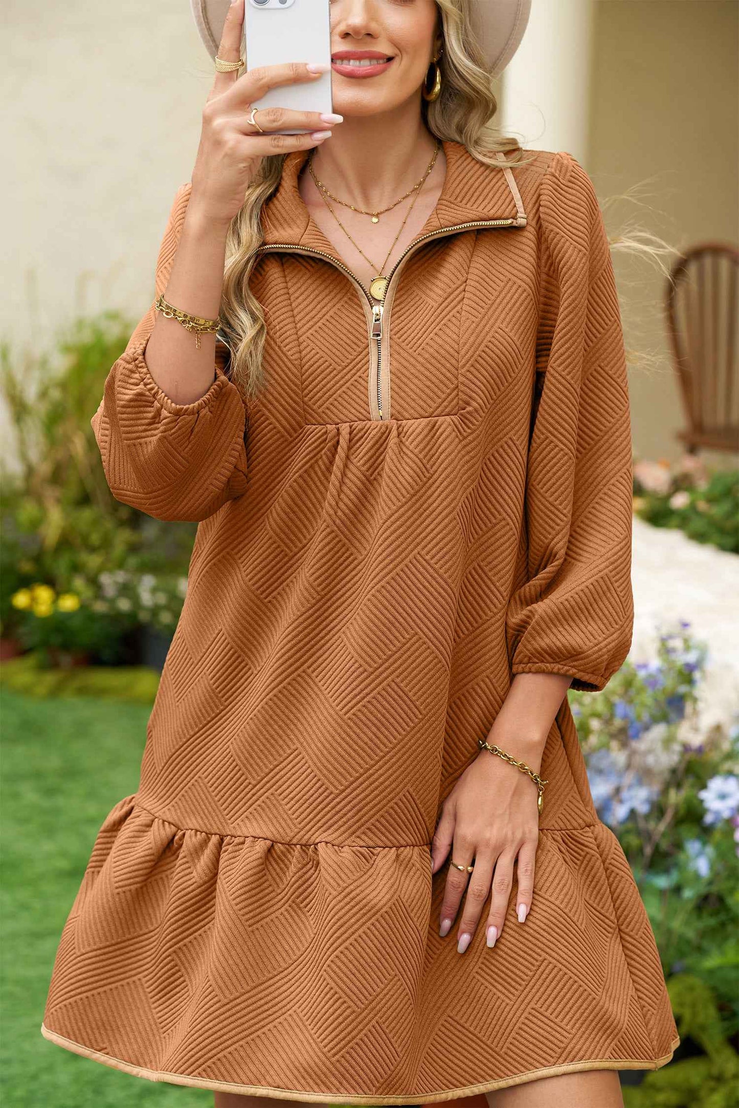 Desert Gold  Quarter Zip Collar Bracelet Sleeve Textured Mini Dress