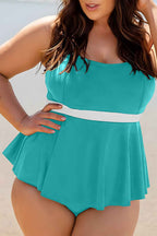 Turquoise Color Block Contrast Waistband Plus Size Flare Two Piece Tankini Swimsuit