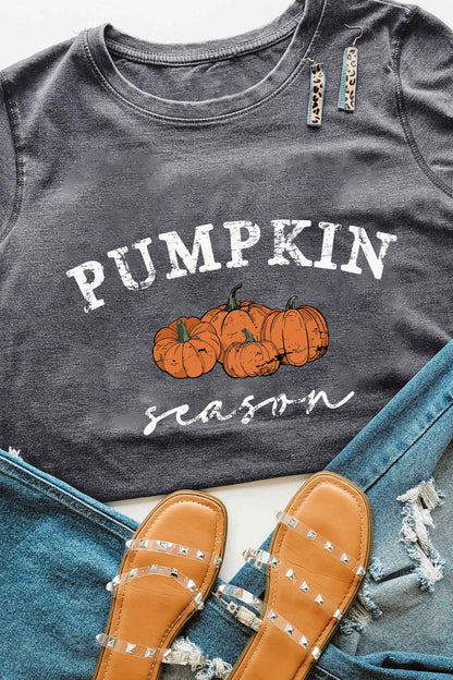 Gray Pumpkin Season Graphic Round Neck Short Sleeve T-Shirt