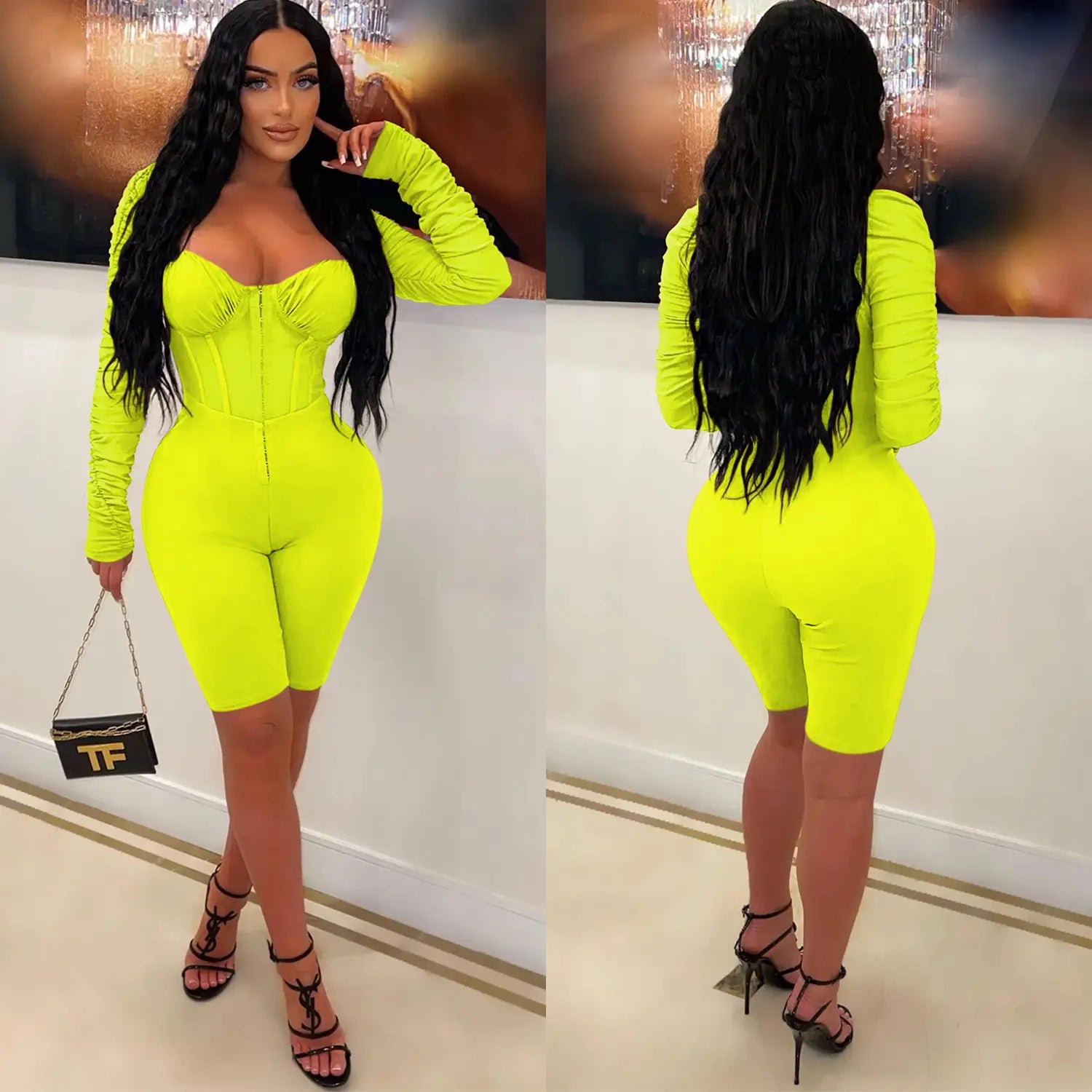 Fashion women’s solid color long sleeve short pants mesh sheer jumpsuit