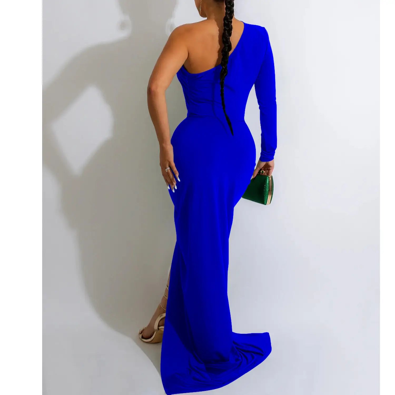 Fashion women’s solid color asymmetrical neck single long sleeve long dress with pleats