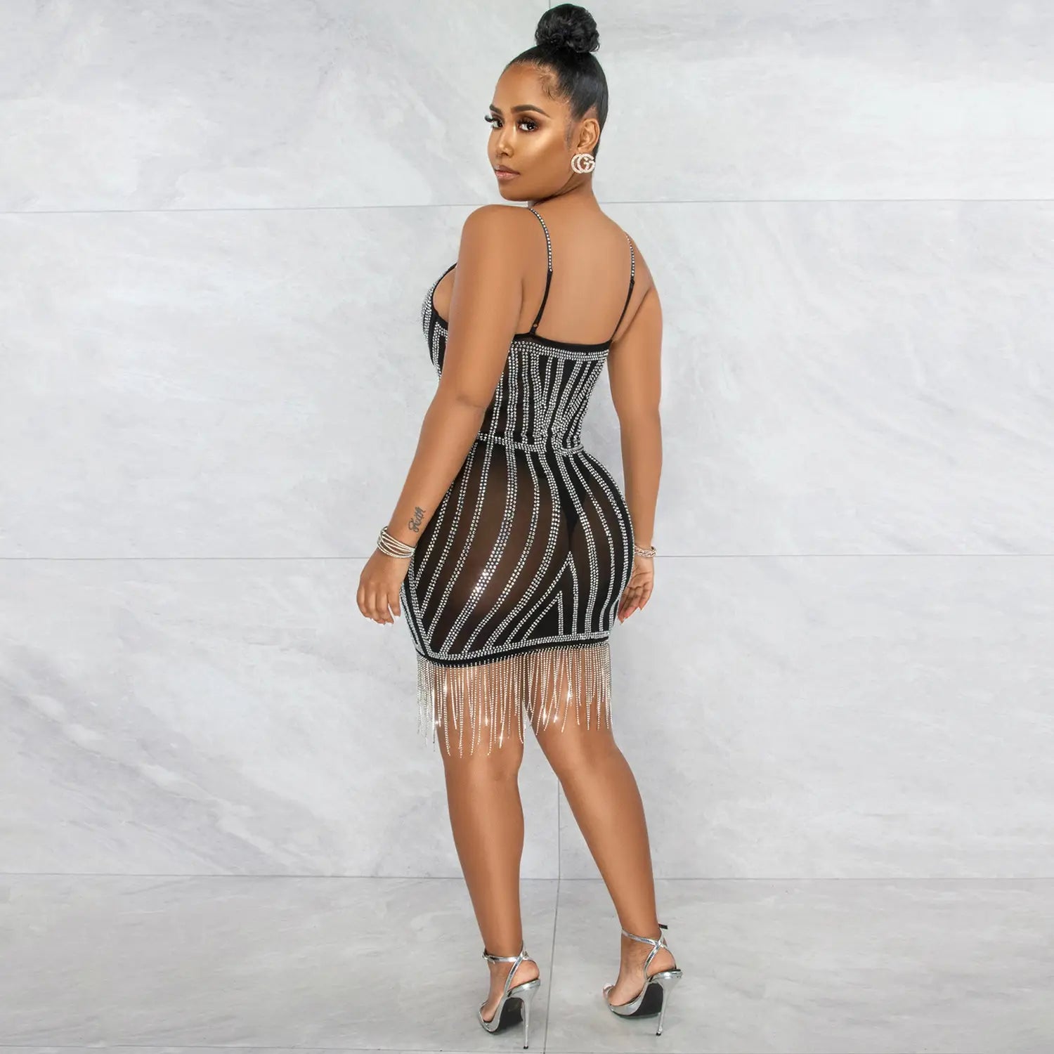 Sexy embellished strapless sleeveless crop top dress with fringe details