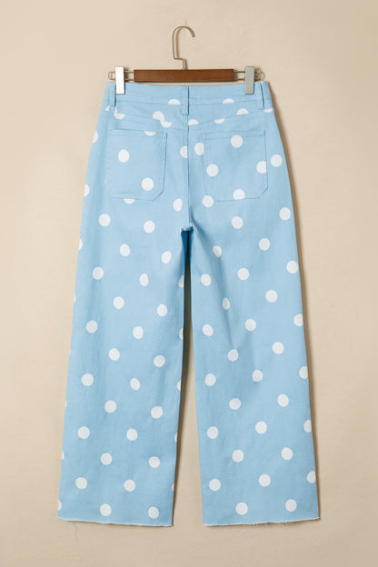 Sky Blue Polka Dot Print Raw Hem Shift Jeans