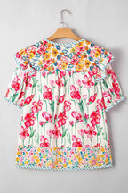 Pink Plus Size Floral Print Striped Trim V Neck Blouse