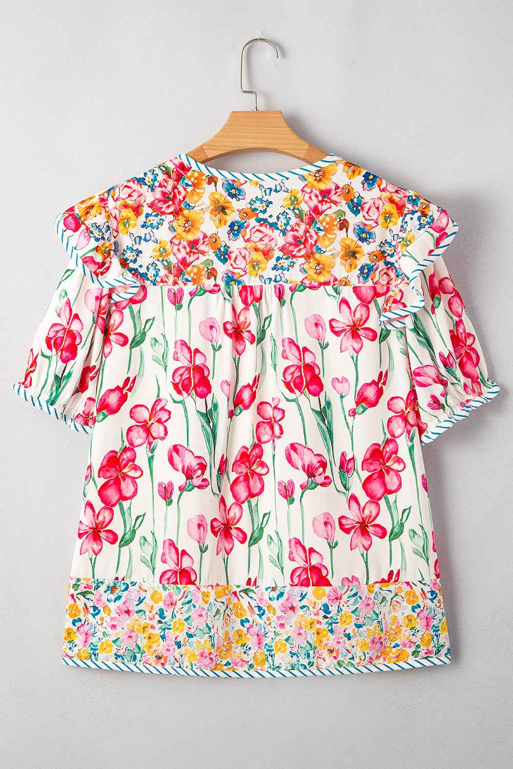 Pink Plus Size Floral Print Striped Trim V Neck Blouse