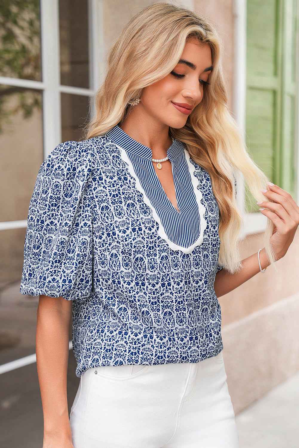 Blue Floral Striped Print Contrast Ricrac V Neck Puff Sleeve Blouse
