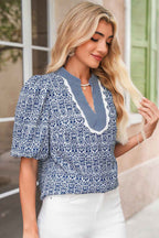 Blue Floral Striped Print Contrast Ricrac V Neck Puff Sleeve Blouse