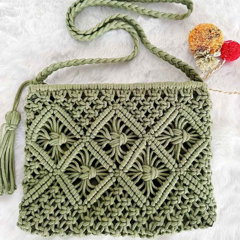 Boho Chic Handwoven Geometric Tassel Beach Tote Bag