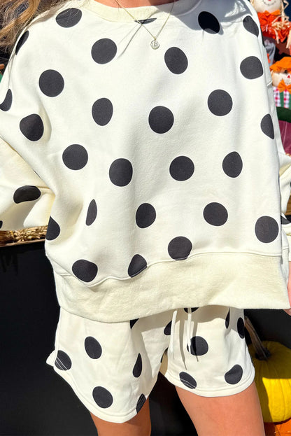 Sky Blue Polka Dot Print Drop Shoulder Pullover Drawstring Shorts Set