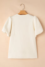 Oatmeal Solid Color Textured Puff Sleeve T-shirt