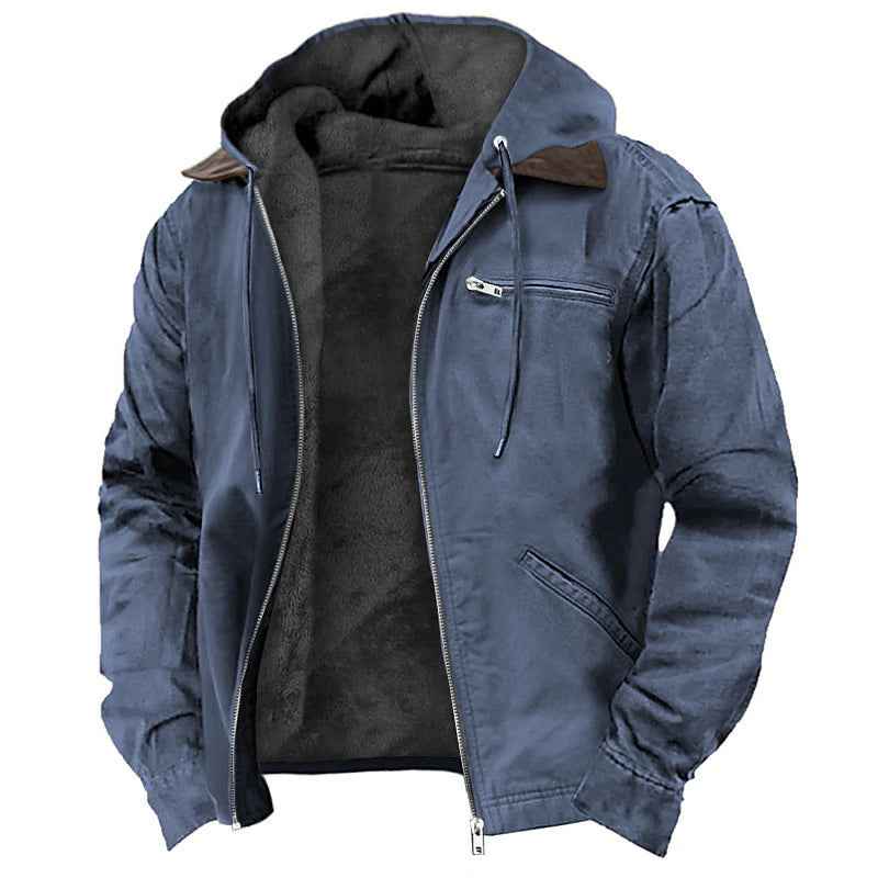 Casual Solid Color Hooded Cotton Jacket with Fleece Lining and Zipper Pockets for Men