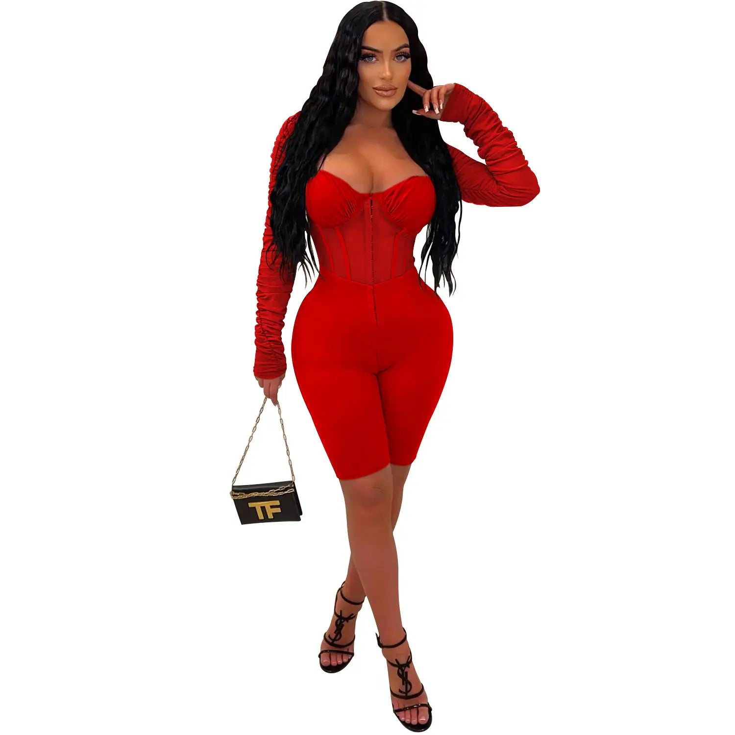 Fashion women’s solid color long sleeve short pants mesh sheer jumpsuit