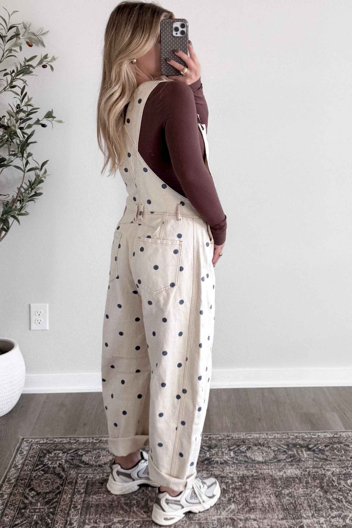 Jet Stream Polka Dot Print Bib Pocket Denim Barrel Overalls Jumpsuit