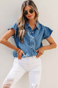 Dusk Blue Ruffled Short Sleeve Denim Shirt
