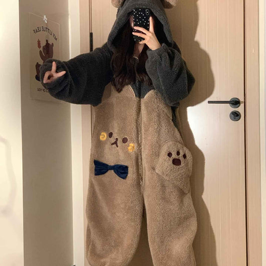 Cute Cartoon Bear Flannel Warm Adult Onesie Pajamas