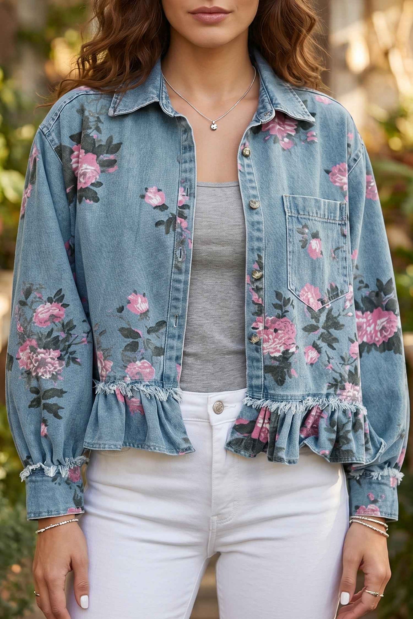 Sky Blue Floral Print Raw Seam Ruffle Hem Denim Jacket