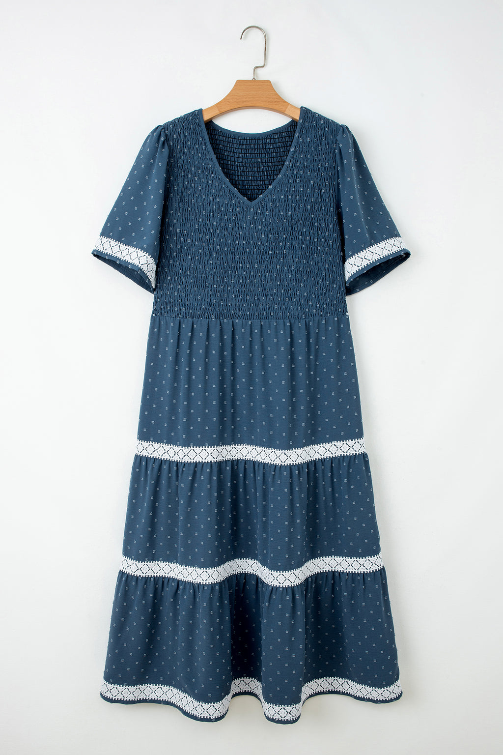 Dusk Blue Plus Size V Neck Swiss Dot Lace Patchwork Detail Flared Midi Dress