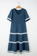 Dusk Blue Plus Size V Neck Swiss Dot Lace Patchwork Detail Flared Midi Dress