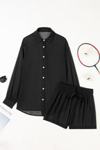 Beau Blue Sheer Tunic Shirt Drawstring Shorts 2pcs Swim Cover Up