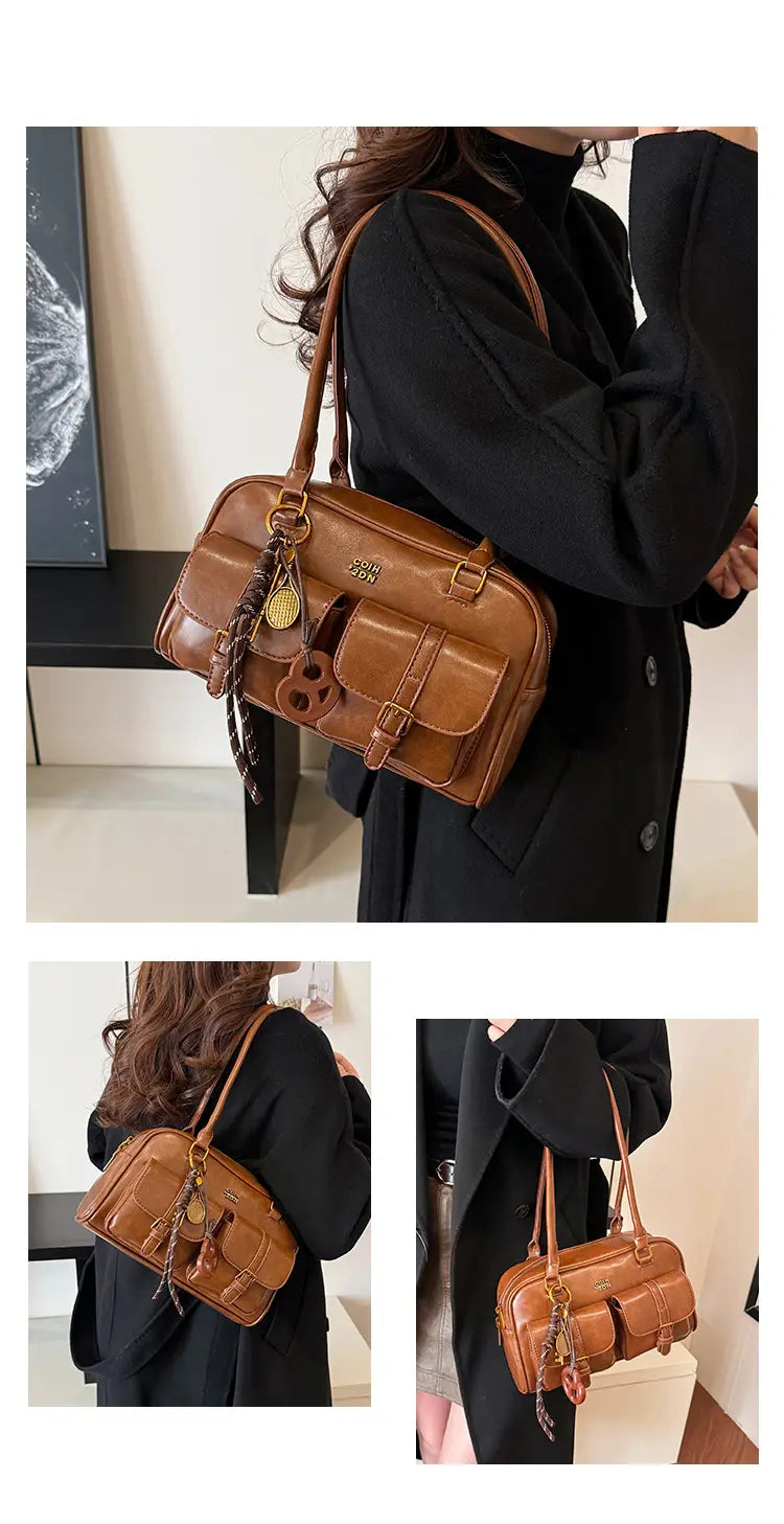 Korean-style retro shoulder bag fashion trendy casual boston bag stylish bowling bag