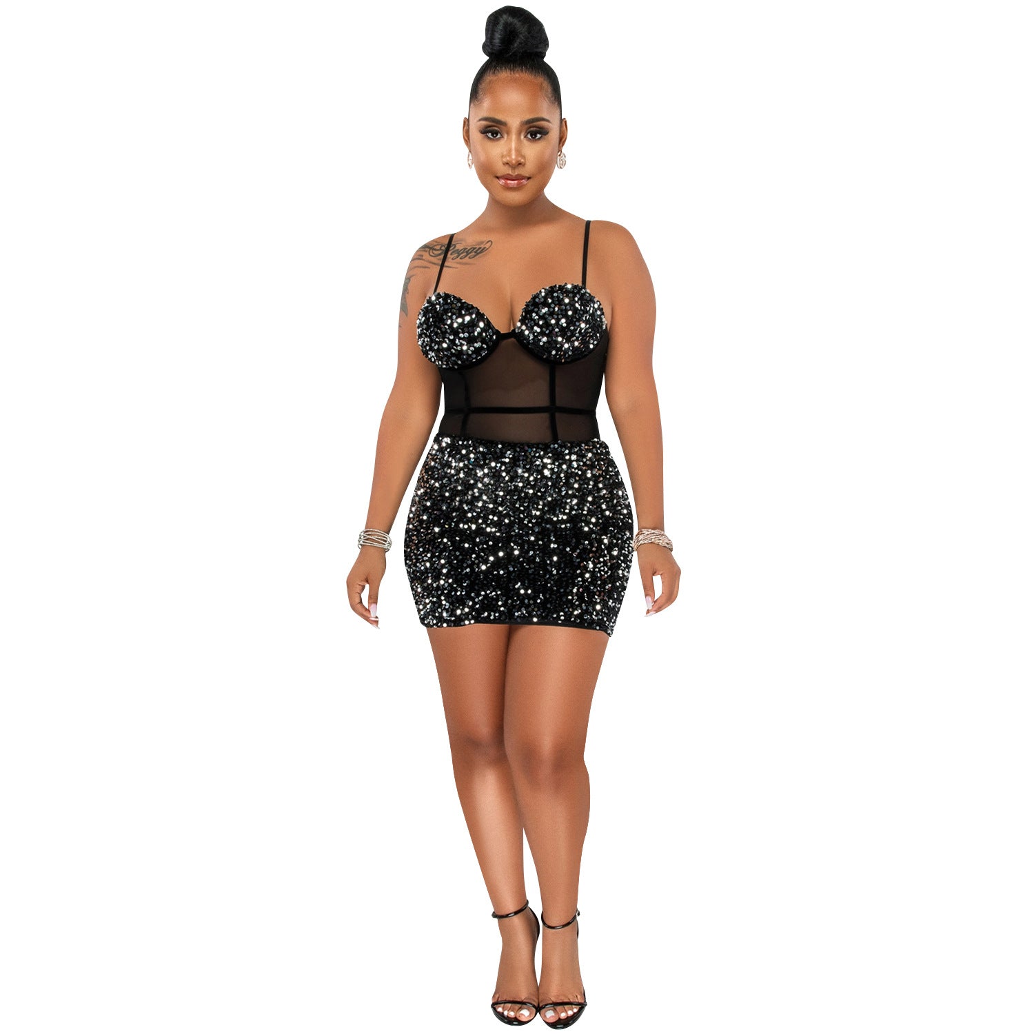 Fashion Sexy Sleeveless Sequin Mesh Sheer Zipper Midi Dress