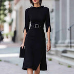 Elegant 3/4 Sleeve Split Midi Dress with Belt - Shein Style Fashion