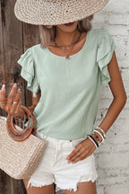 Clearly Aqua Solid Color Ruffle Sleeve Crinkled Blouse