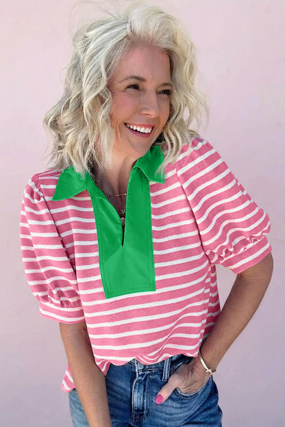 Blue Stripe Short Puff Sleeve Color Block Polo Collar Blouse