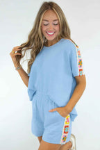 Mist Blue Granny Square Crochet Detail Short 2pcs Set