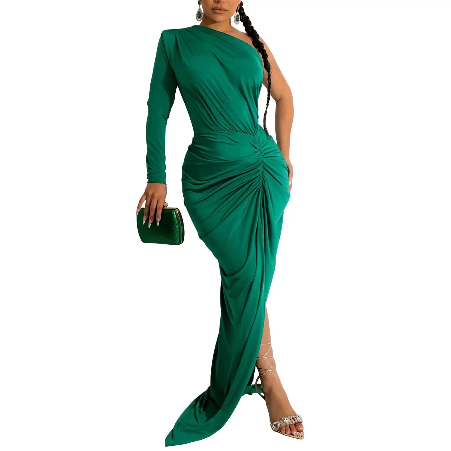Fashion women’s solid color asymmetrical neck single long sleeve long dress with pleats