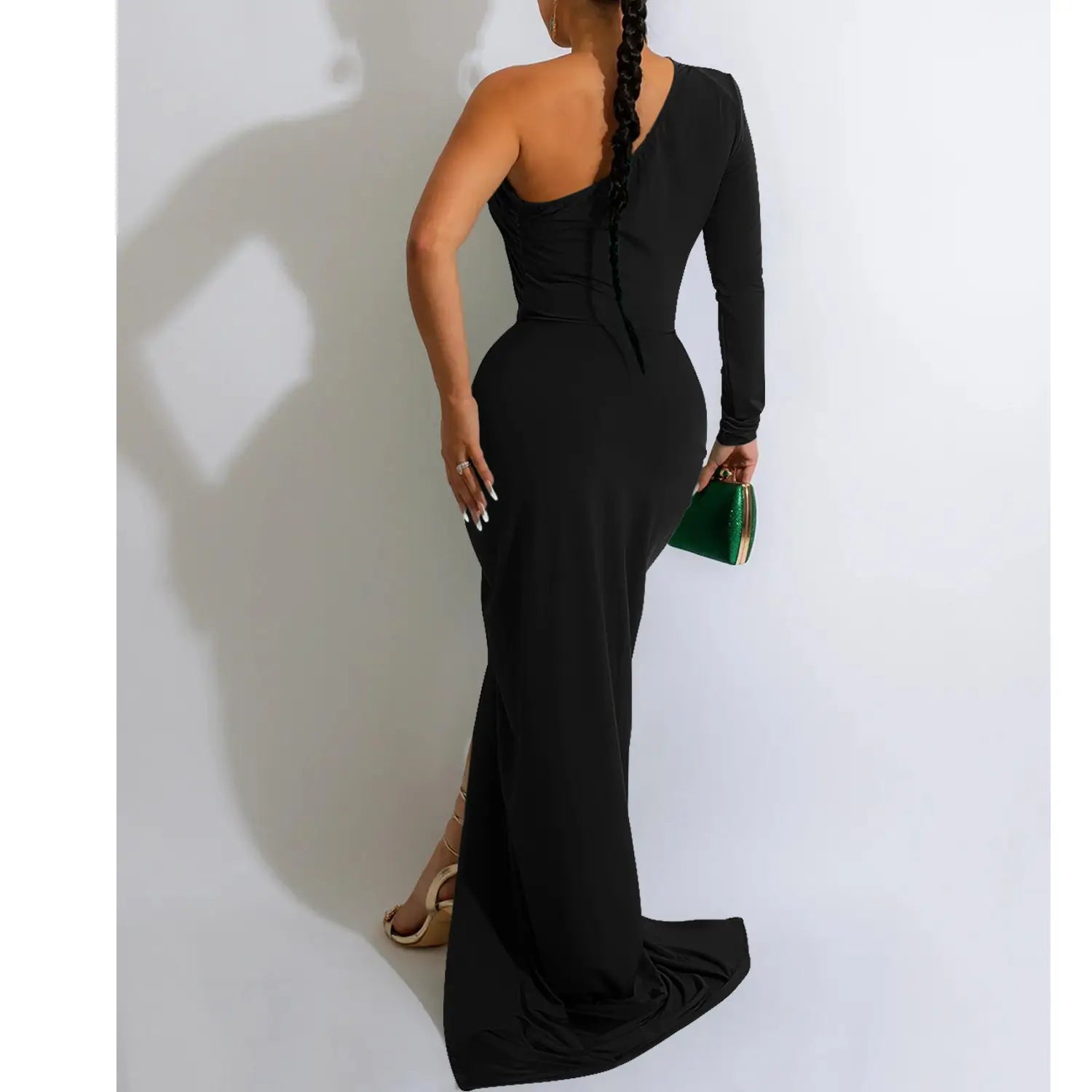 Fashion women’s solid color asymmetrical neck single long sleeve long dress with pleats
