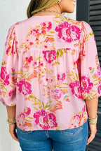 Pink Plus Size Floral Print V Neck Tie Front Short Sleeve Tunic Top