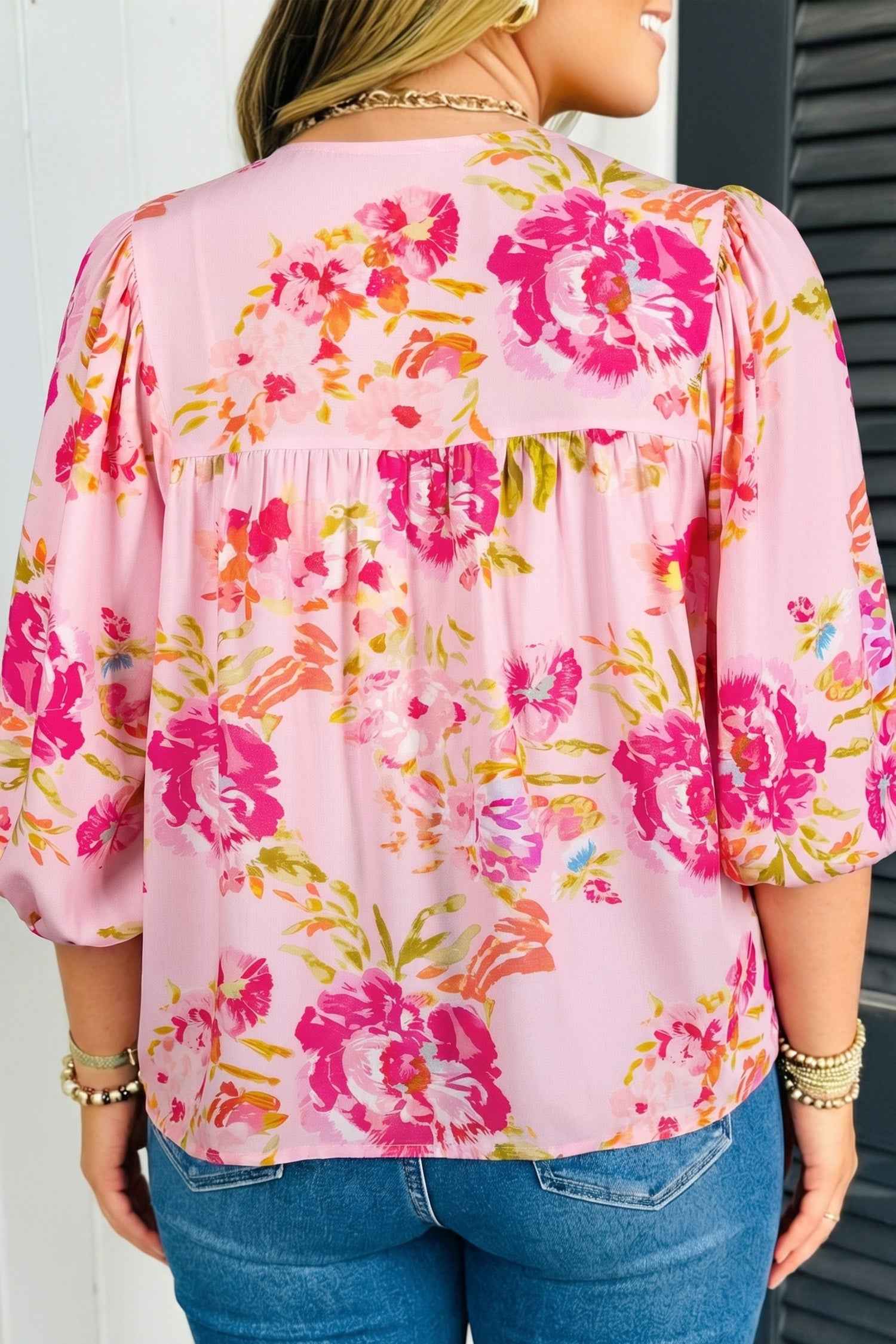 Pink Plus Size Floral Print V Neck Tie Front Short Sleeve Tunic Top