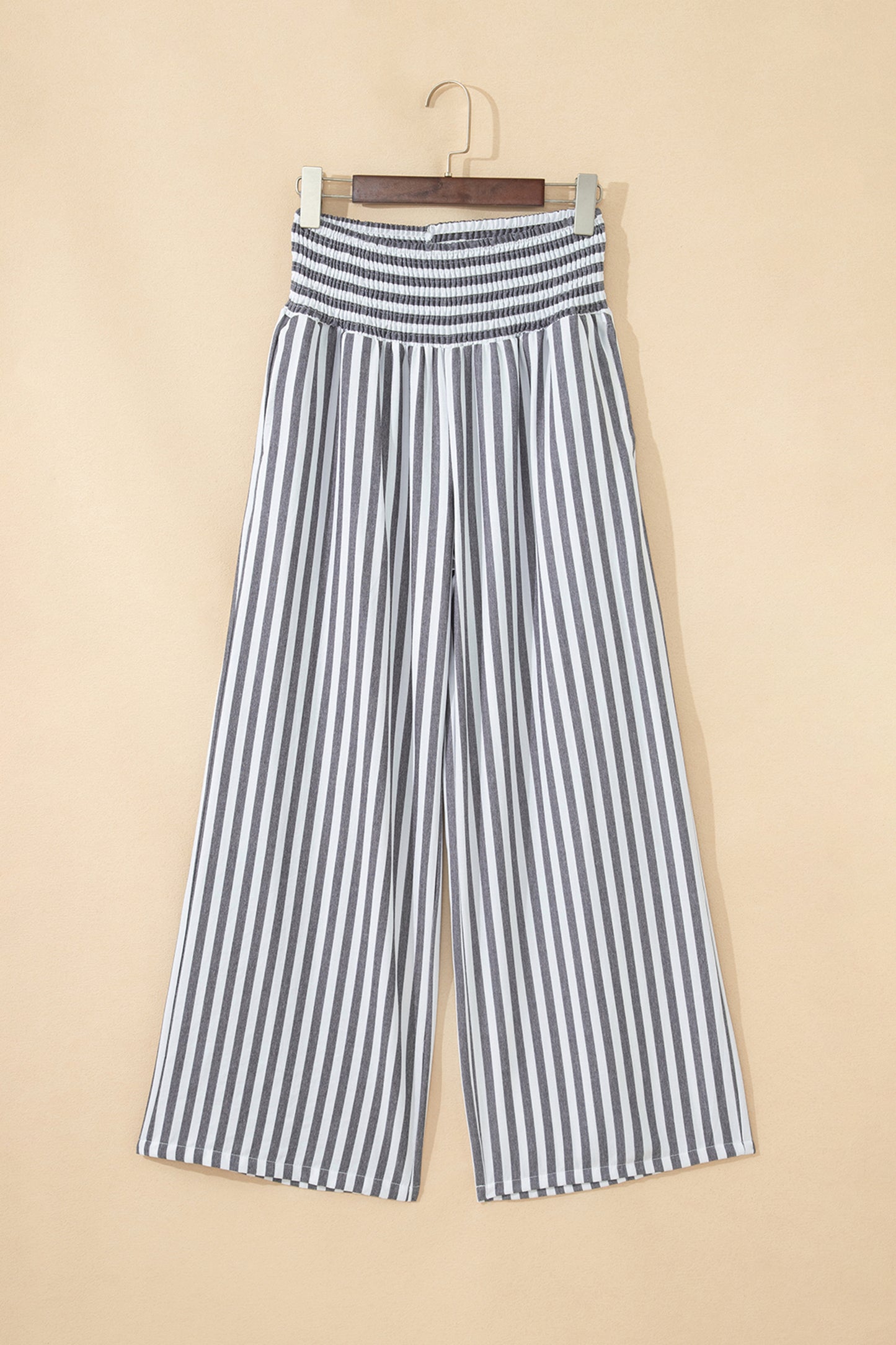 Black Stripe Shirred High Waist Loose Summer Pants