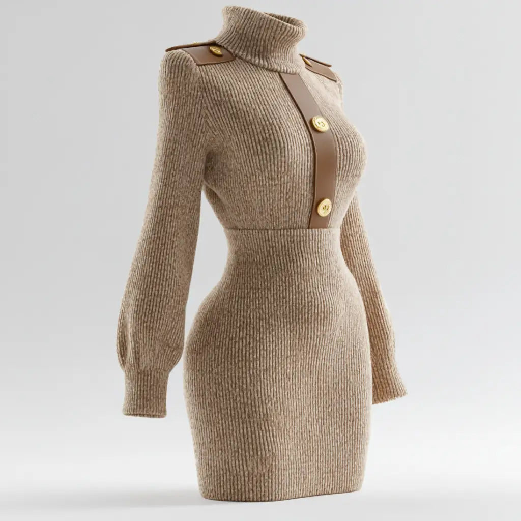 High Neck Knit Dress for Women Autumn Winter Fitted Bodycon Sweater Dress
